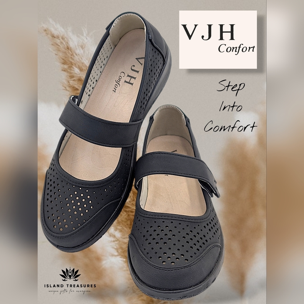 NEW WJH Confort Women's Size 7 Black Perforated Flats Ankle Straps Comfort Soles